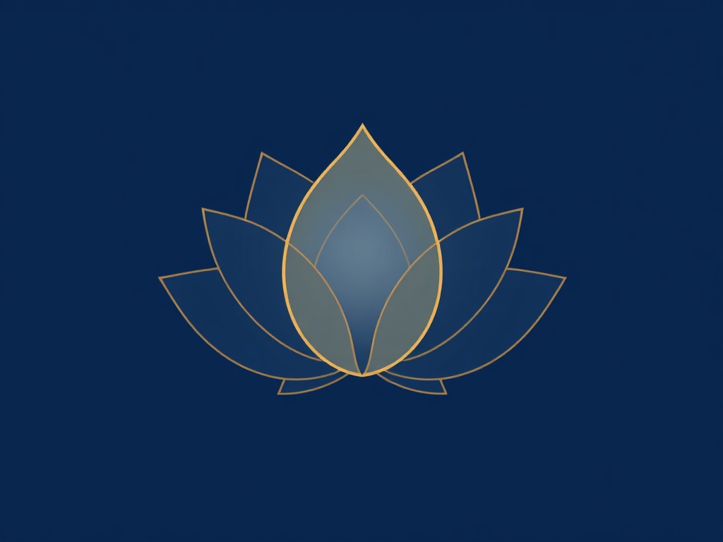 An elegant, minimal lotus symbol, formed by overlapping translucent petals, in two-tone indigo and gold. Clean lines, slight gradient for depth. Flat design with subtle 3D appearance. Photorealistic, 8k.